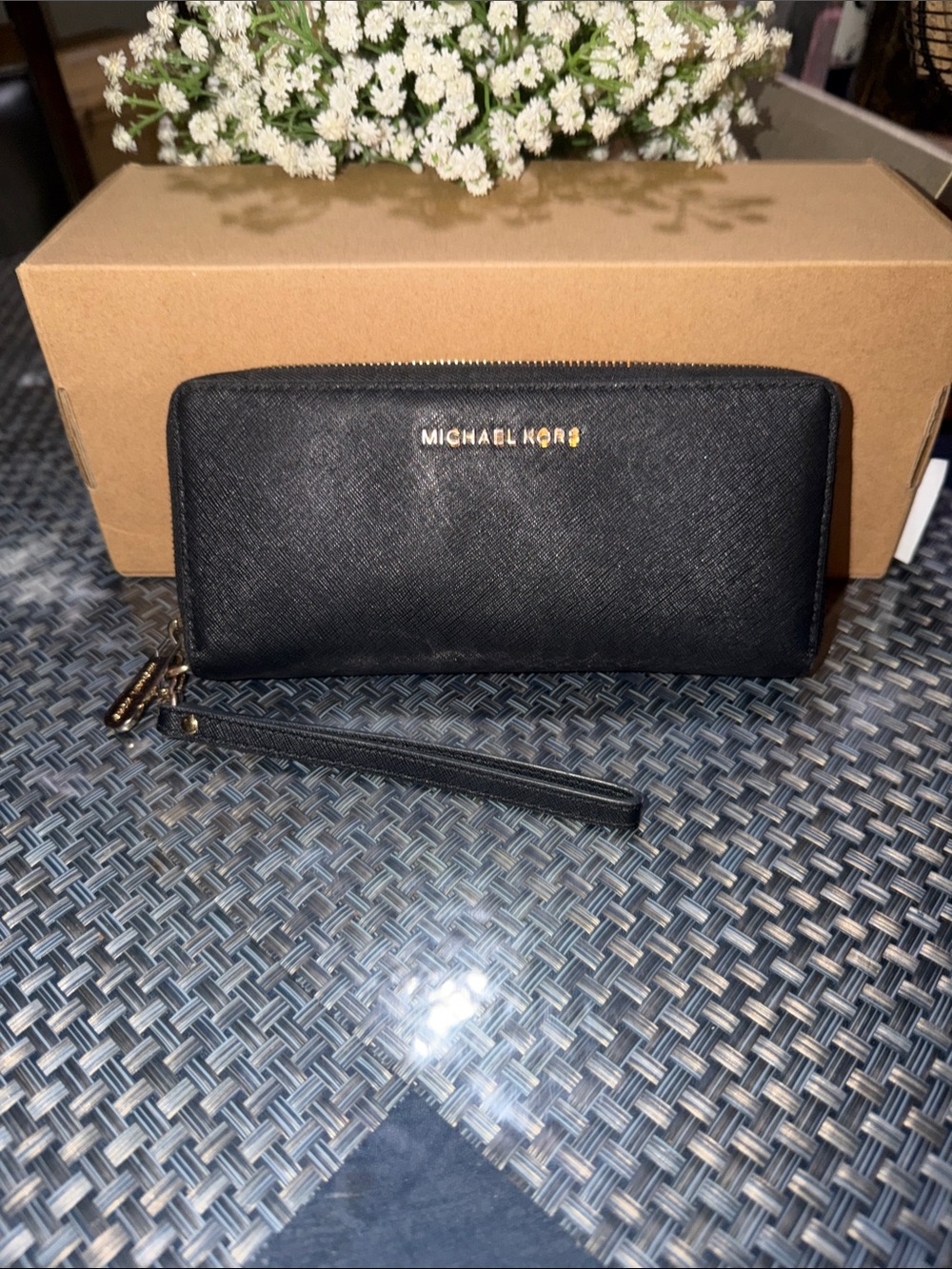 Michael Kors Black Saffiano Zip Wristlet Wallet with Gold Logo
